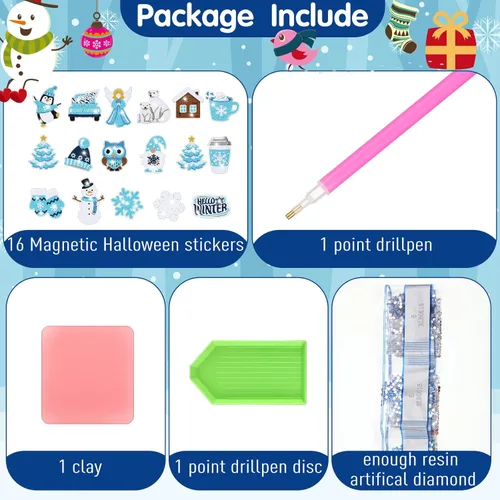 Miniatura 6 de Umigy 16 piezas de arte de diamantes de invierno 5D pingüino copo de nieve muñeco de nieve pintura de diamantes de imitación para nevera calcomanías