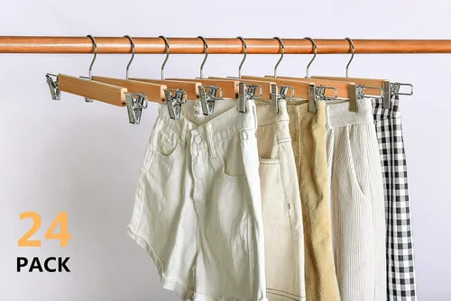 Miniatura 7 de Amber Home Paquete de 24 perchas de madera natural maciza de 14.17 pulgadas, perchas inferiores para pantalones pantalones jeans con 2 clips