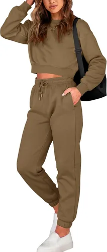 Miniatura 25 de BTFBM Conjunto deportivo de 2 piezas para mujer, camiseta corta de manga larga, sin botones, pantalón con cordón ajustable, pantalones deportivos