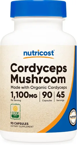 Nutricost Cordyceps - Cápsulas de hongos de 1100 mg, 45 porciones – Certificado CCOF fabricado con orgánico, vegetariano, sin gluten, 550 mg por