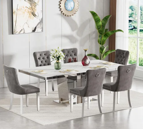 Miniatura 95 de Juego de mesa de comedor extensible de 5 piezas, juego de mesa de comedor extensible de estilo granja para 4, mesa de cocina expandible de madera