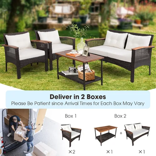 Miniatura 6 de Tangkula Patiojoy - Juego de muebles de patio de 4 piezas, madera de acacia para exteriores, juego de conversación de mimbre PE con cojines, juego