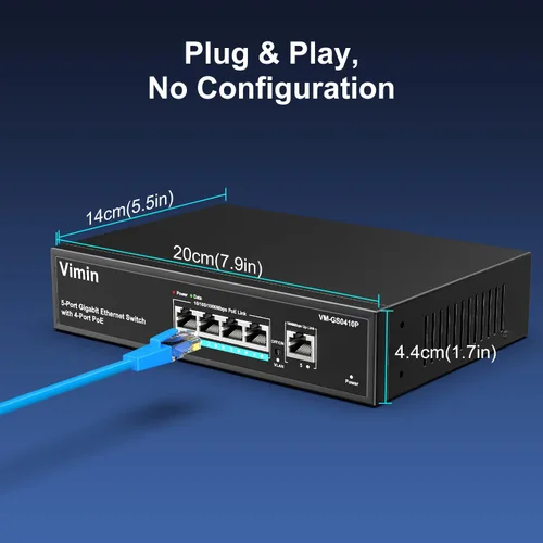Miniatura 6 de Switch PoE Gigabit de 4 puertos con 1 puerto Gigabit de enlace ascendente, conmutador PoE Ethernet no administrado de 5 puertos VIMIN