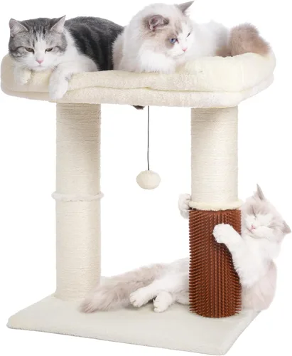 Torre de árbol para gatos grandes, poste rascador para gatos con auto peluquero para gatos, cama superior de 20 x 15.7 pulgadas de ancho, poste Beige