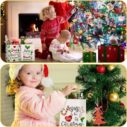 Miniatura 5 de Zhanmai 24 bolsas de regalo de Navidad con asas a granel, cristiano Jesús es el corazón de Navidad, bolsas con corazón, hoja de flor de pascua