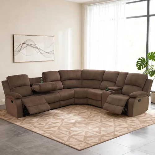 Miniatura 17 de Juego de sofá modular reclinable manual para sala de estar, sofá reclinable en forma de L, seccional de cuero con portavasos/almacenamiento