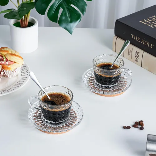 Miniatura 9 de Juego de 6 tazas de cristal para café espresso con platillos y cucharas de acero inoxidable, aptas para lavavajillas, para té, chocolate caliente