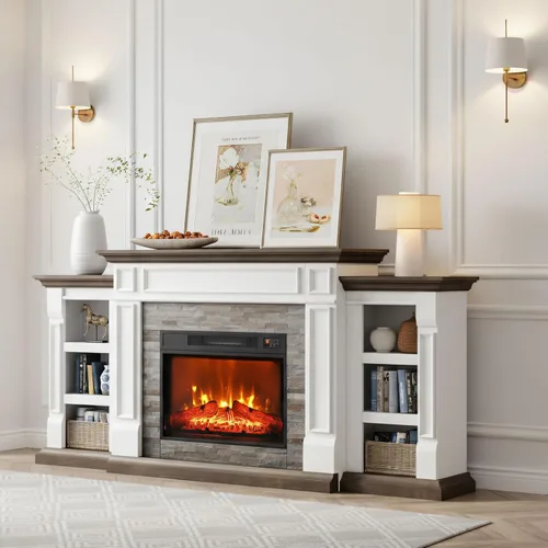 Miniatura 9 de Chimenea eléctrica de 72 pulgadas con chimenea, soporte de TV para televisores de hasta 80 pulgadas, centro de entretenimiento de granja con Blanco
