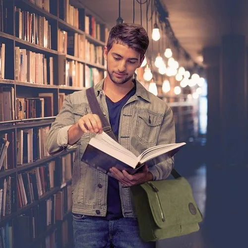 Miniatura 2 de Bolso bandolera de lona vintage para hombres y mujeres, bolsa de hombro de viaje para laptop de 13.5 pulgadas, bolsa para libros (verde militar)