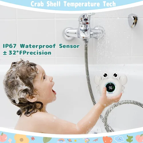 Miniatura 4 de Termómetro de baño para bebé, juguete de cangrejo – Termómetro digital flotante de agua con pantalla LED y alertas de color para bebés, bonito