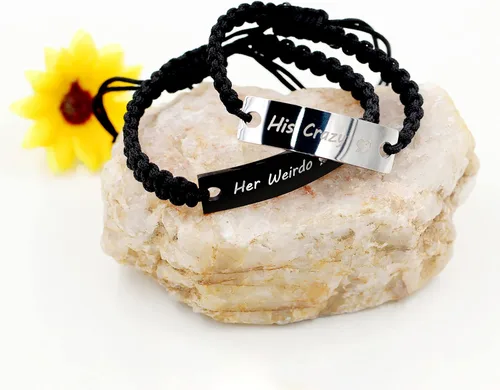 Miniatura 4 de 1 par de pulseras trenzadas Hademade para parejas, pulseras para hombres y mujeres grabadas con "I Love You 3000, God Gave Me You, His Crazy Her