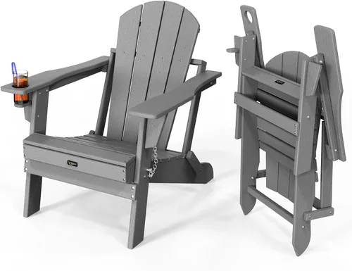 Miniatura 13 de VINGLI Sillas Adirondack de plástico, plegables con soporte para tazas, material de polietileno de alta densidad impermeable, cómoda capacidad