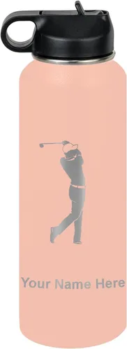 Miniatura 61 de LaserGram Botella de agua personalizada, golfista de golf, acero inoxidable de doble pared aislada al vacío con popote superior, regalo grabado Negro