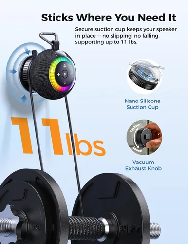 Miniatura 6 de Altavoz de ducha Bluetooth impermeable IPX7: ventosa extraíble con bloqueo de vacío, sonido envolvente de 360°, luces RGB, altavoz inalámbrico Negro