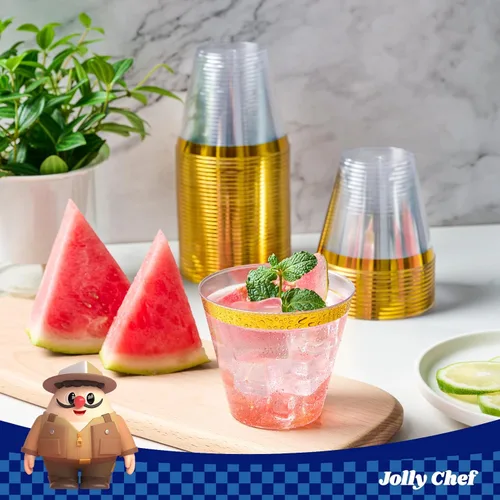 Miniatura 6 de JOLLY CHEF Paquete de 100 Vasos de Plástico Dorado, Tumblers de Plástico Transparente de 9 oz, Elegantes Vasos con Borde Dorado, Vasos Desechables