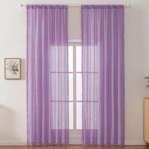 Miniatura 16 de WAZZIO Cortinas de Encaje, Cortina Boho de Crochet para Dormitorio, Cortinas de Café de Algodón, 45 Pulgadas de Largo, 2 Paneles con Bolsillo