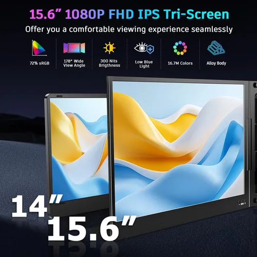 Miniatura 2 de QQH Extensor de pantalla para laptop de 15.6 pulgadas, monitor portátil triple 1080P para laptop con pantalla IPS ultradelgada, pantalla extendida
