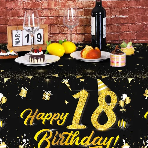 Miniatura 5 de durony Paquete de 2 manteles de cumpleaños de 18 años, de plástico, color negro y dorado, impermeable, rectangular, para fiestas en interiores