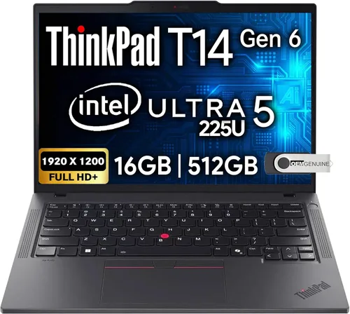 Lenovo ThinkPad T14 Gen 6 Business Laptop de 14 pulgadas FHD+ IPS, Intel Ultra 5 225U, 16 GB DDR5 RAM, 512 GB SSD, cámara web HD de 5MP, huella