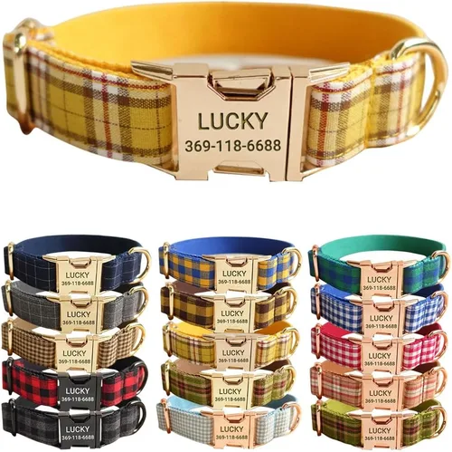 Miniatura 17 de PETDURO Collar de Perro a Cuadros Personalizado Verde Manzana - Nombre y Número de Teléfono Grabados en Hebilla de Metal Oro Rosa - Personalizado
