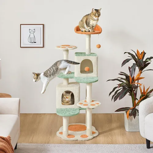 Miniatura 3 de Yaheetech Torre de árbol para gatos de 57.5 pulgadas, centro de actividades multifuncional con plataforma en forma de pata de gato, postes
