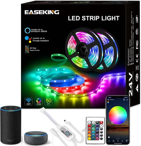 Tira de luces LED WiFi de 50 pies, sincronización de música, cambio de color RGB para dormitorio, aplicación WiFi para control decorativo para
