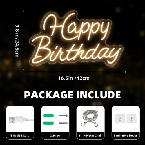 Miniatura 2 de Letrero de neón para decoración de pared, letrero de neón LED de feliz cumpleaños, regulable, alimentado por USB, para decoración de fondo de fiesta