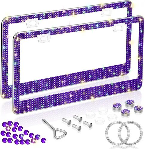 Miniatura 9 de Juego de 2 marcos para matrículas de automóvil con brillantes, placas universales de acero inoxidable con 2 agujeros y cristales acrílicos