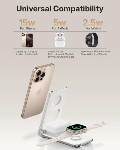 Miniatura 5 de Soporte de cargador inalámbrico Mag-Safe para iPhone 17 Pro Max, estación de carga 3 en 1 para múltiples dispositivos, cargador de viaje plegable