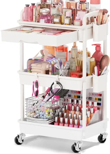 Miniatura 12 de Goovilla Carrito Organizador de Maquillaje Rodante con Cajón Extraíble, Carrito de Almacenamiento de Cuidado de la Piel de 3 Niveles Estable Negro