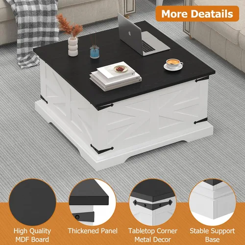 Miniatura 5 de Bigbiglife Mesa de centro de granja con almacenamiento, mesa central cuadrada de 31.5 pulgadas para sala de estar, mesa de cóctel de madera rústica