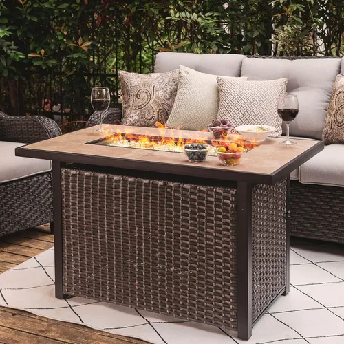 Miniatura 12 de Nuu Garden Mesa para fogata de propano para patio de 43 pulgadas, fogata de gas de 50,000 BTU con parte superior de vidrio texturizado de mármol