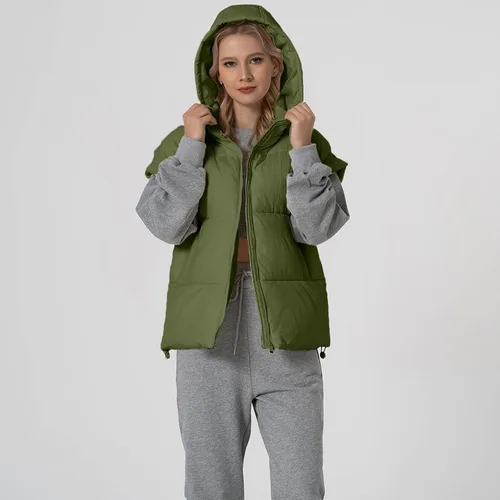 Miniatura 16 de Shiyifa Chaleco acolchado para mujer, chaqueta de gran tamaño, sin mangas, ligera, con cremallera, con capucha desmontable