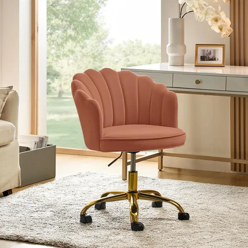 Miniatura 13 de HULALA HOME Silla de oficina en casa de terciopelo con base dorada, silla de escritorio tapizada moderna y linda de concha para mujer para tocador