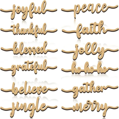 Miniatura 13 de 12 piezas de letreros de madera con palabras navideñas recortadas "Joyful Merry Thankful Grateful Blessed Peace Gather" para decoración de plato
