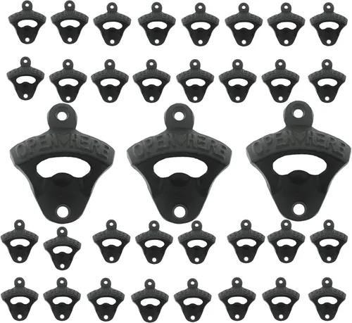 Miniatura 6 de Abridor de botellas de hierro fundido negro montado en la pared con tornillos montables para mesa de poste enfriador de madera (paquete de 3)