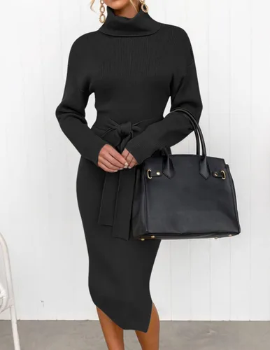 Miniatura 47 de ZESICA - Vestido por debajo de la rodilla de suéter, de cuello alto, para mujer, de manga larga, de punto acanalado, con abertura y cinturón