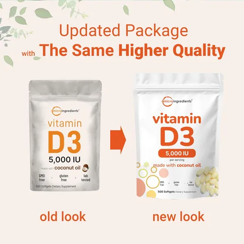 Miniatura 3 de Micro Ingredients Vitamina D3 5,000 UI, 500 cápsulas blandas Aceite de coco virgen Forma de colecalciferol Apoyo óseo, inmunológico y cardíaco