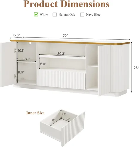 Miniatura 3 de QUW Soporte de TV acanalado de 70 pulgadas para televisores de hasta 80 pulgadas, moderno centro de entretenimiento con 2 cajones y gabinetes, Blanco