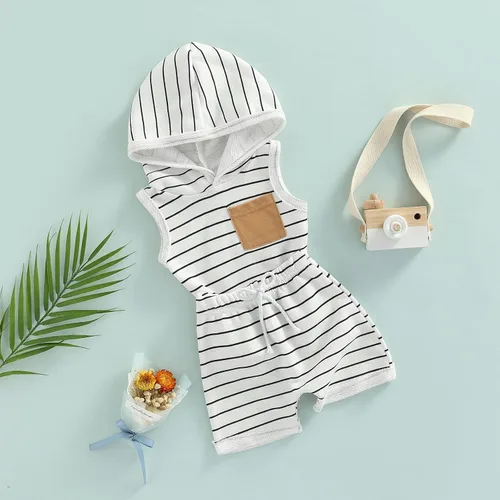 Miniatura 2 de BemeyourBBs Conjunto de ropa de verano para bebé niño con capucha y bolsillo y pantalones cortos de cintura elástica