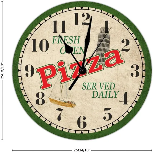 Miniatura 2 de Reloj redondo para pizza, para sala de estar, cuarzo, de madera, redondo, silencioso, de 10 x 10 pulgadas, reloj de madera retro para escuela