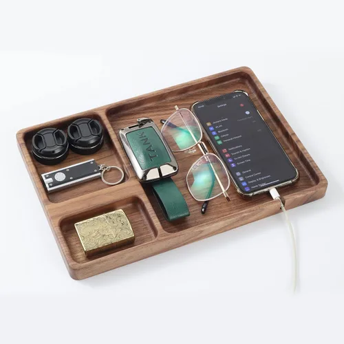 Bandeja de valet de madera de nogal, organizador de mesita de noche para hombres, papá, bandeja Edc Catch All con ranura para cable (11.4 x 7.9 x