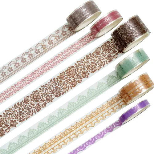 Miniatura 2 de 6 rollos de cintas de PET con patrones de encaje de artes florales, juego de cintas decorativas adhesivas transparentes de enmascarar para Suave