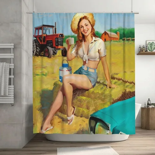 Miniatura 9 de FUNNY KIDS' HOME Cortinas de ducha retro con pin up para baño, pintura al óleo, arte de lienzo, decoración de baño, sexy dama bañándose