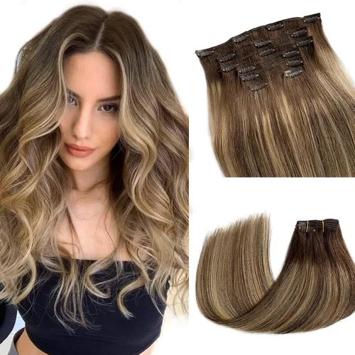 Miniatura 25 de Extensiones de cabello rubio ceniza con reflejos, extensiones de cabello humano real con clip, de 12 pulgadas, 2.47 onzas, doble trama, invisible