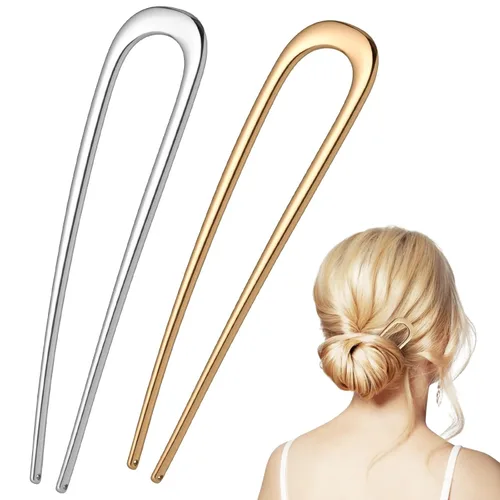 2 horquillas de metal grandes en forma de U de 5.5 pulgadas para mujeres y niñas, horquillas vintage doradas y plateadas para moños, cabello largo y