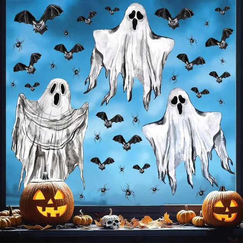Miniatura 11 de Decoración de pared de Halloween, calcomanías de Halloween 3D para ventana falsa, despegar y pegar, calabazas, esqueleto, murales artísticos