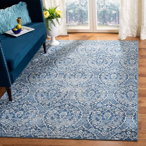 SAFAVIEH Brentwood Collection Alfombra - 5'3" x 7'6", azul marino y gris claro, diseño floral damascado de estilo Ogee, sin desprendimiento y de