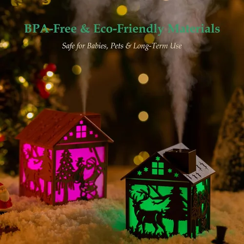 Miniatura 8 de Humidificador de madera de Navidad para casa, 8.1 fl oz, mini humidificador de niebla fría con diseño LED de Papá Noel, 7 luces de color, alimentado