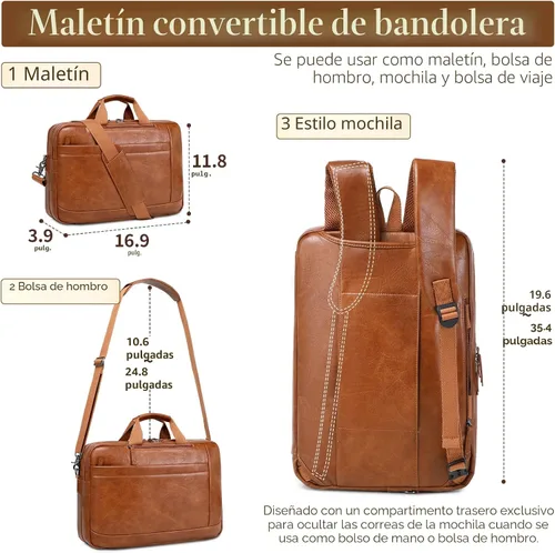 Miniatura 3 de Bolso de Mensajero de Cuero Sintético para Hombre Bolsa de Laptop de 17-17.3 Pulgadas para Hombre Bolsa de Cuero de Oficina Convertible Mochila 3